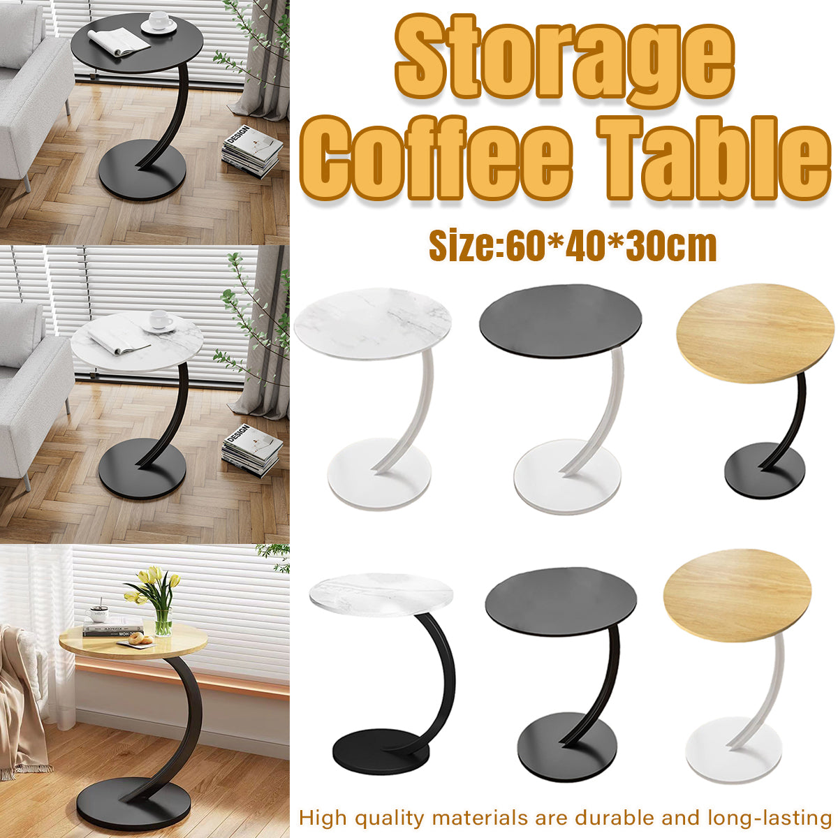 C-Shaped Side Table with Metal Frame for Sofa