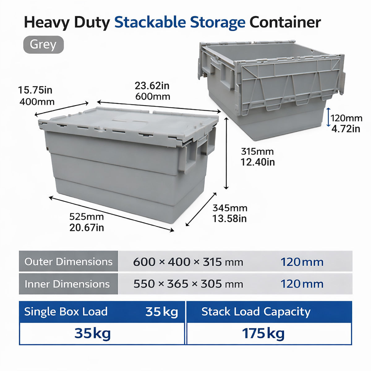 Heavy Duty Stackable Storage Container 35kg Load
