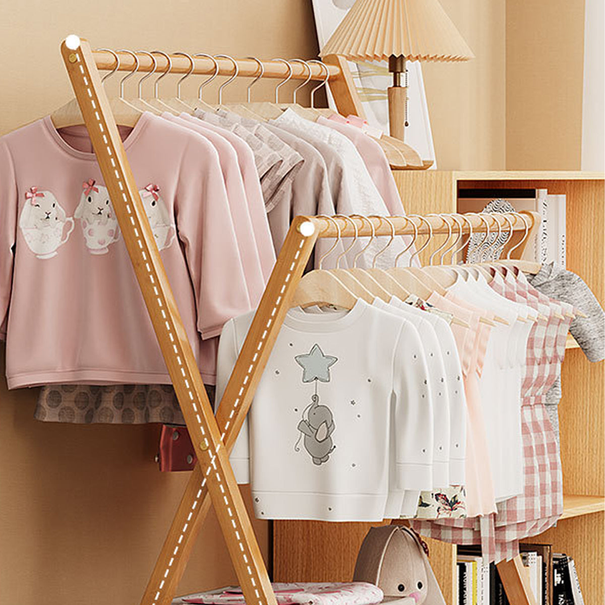 Foldable Bamboo Clothes Rack with Fabric Shelf