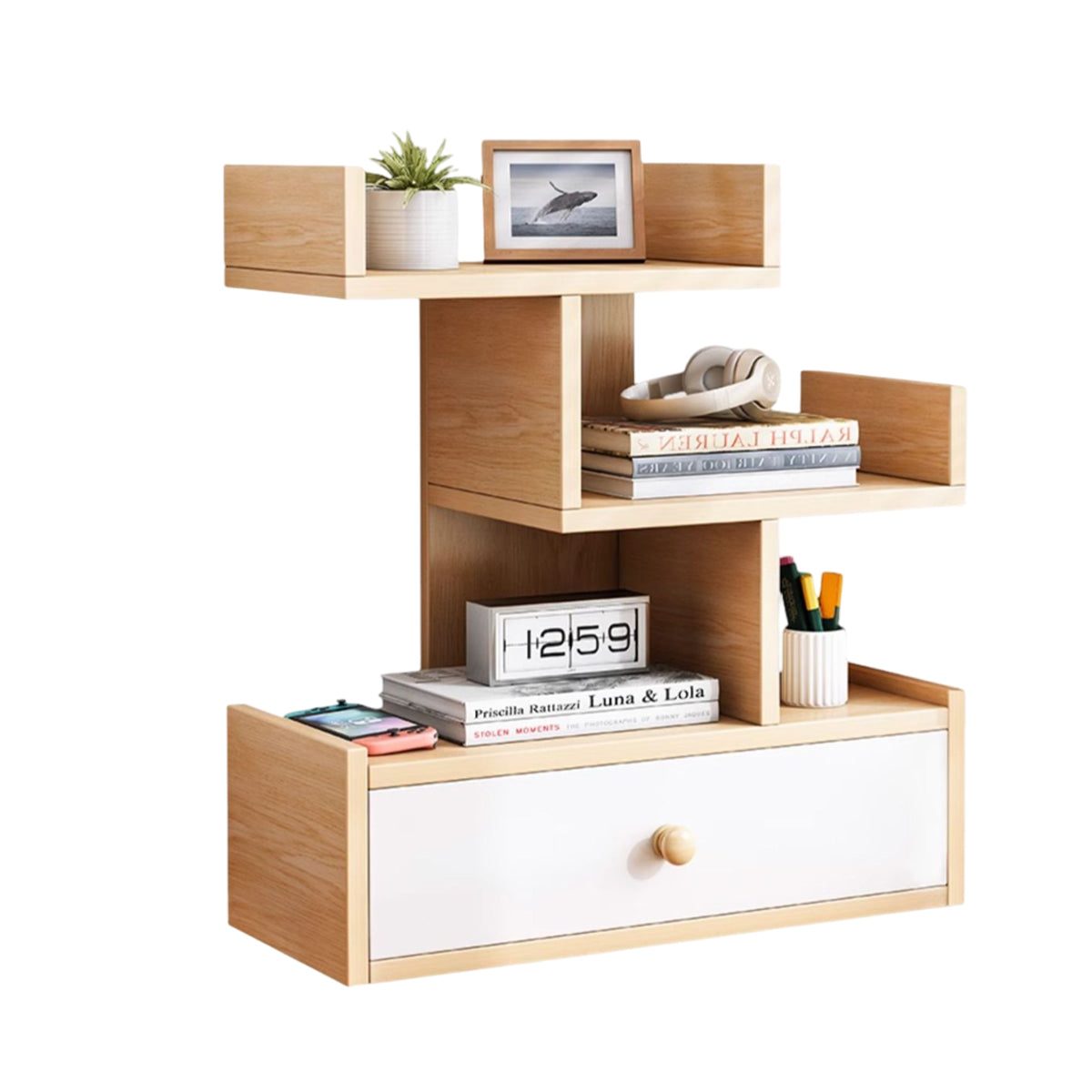 Multi Layer Wooden Desktop Shelf with Drawers Home Office Sturdy