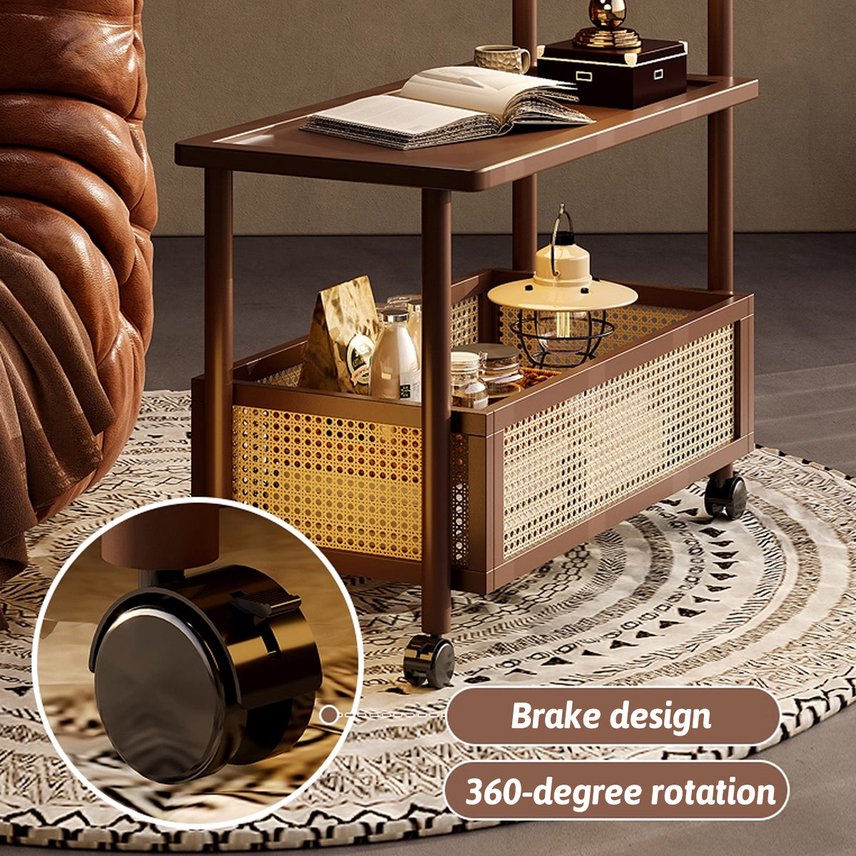 Bamboo Mobile Coffee Table with Wheels and Storage Shelf