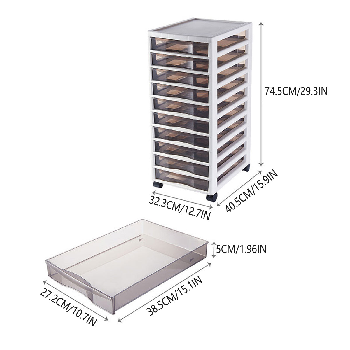 10-Layer Plastic Chest of Drawers with Wheels Transparent