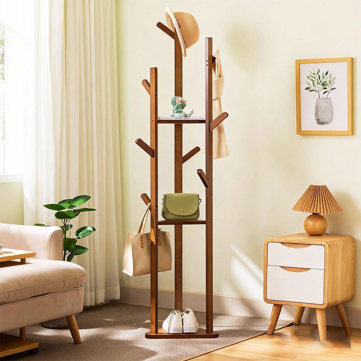 Bamboo Floor Standing Clothes Rack with 8 Hooks