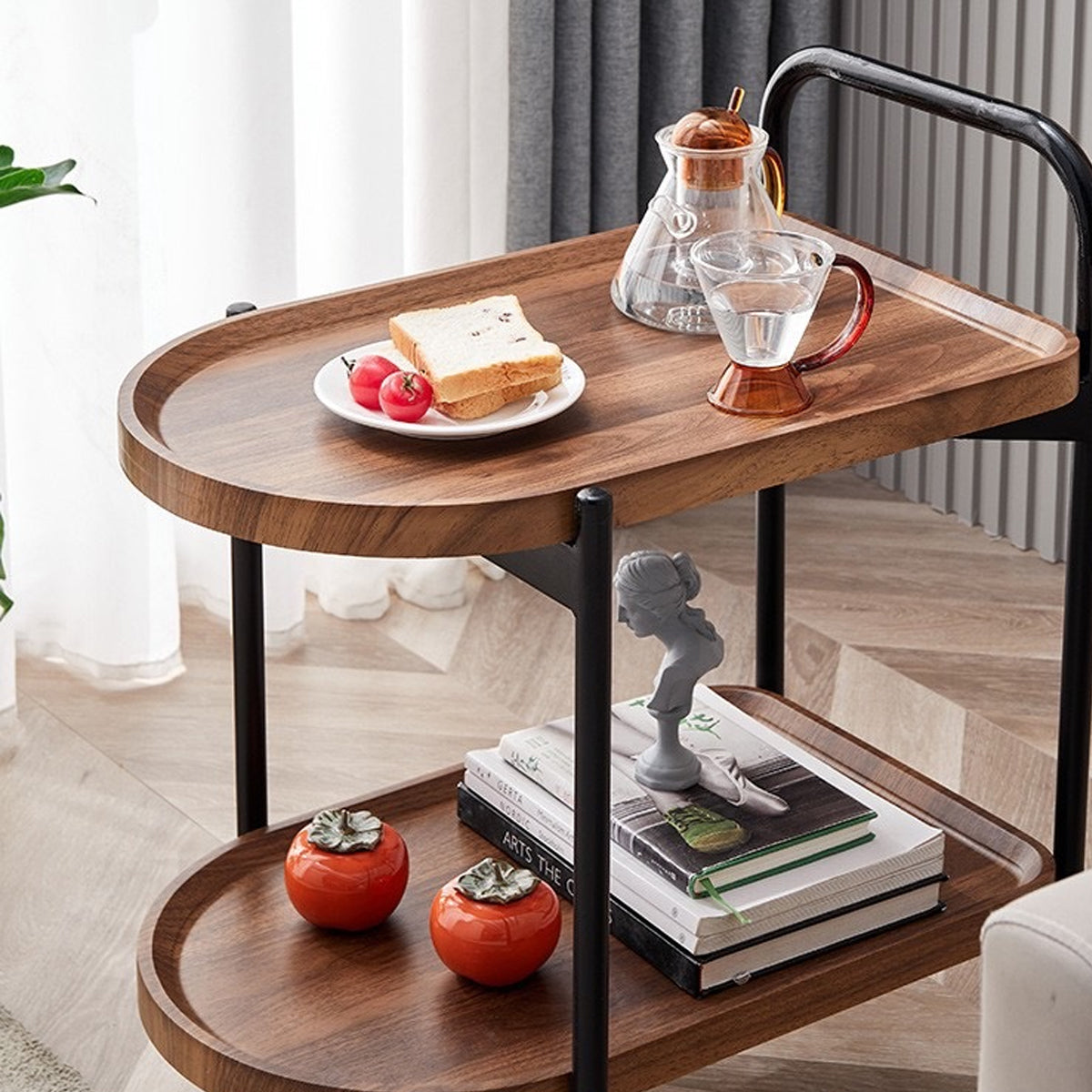 Movable Sofa Side Table Tea Trolley Shelf with Lockable Wheels