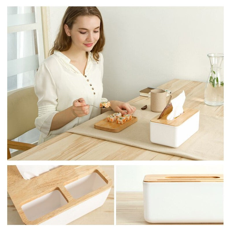 Tissue Box Holder Paper Storage Case with Wooden Cover