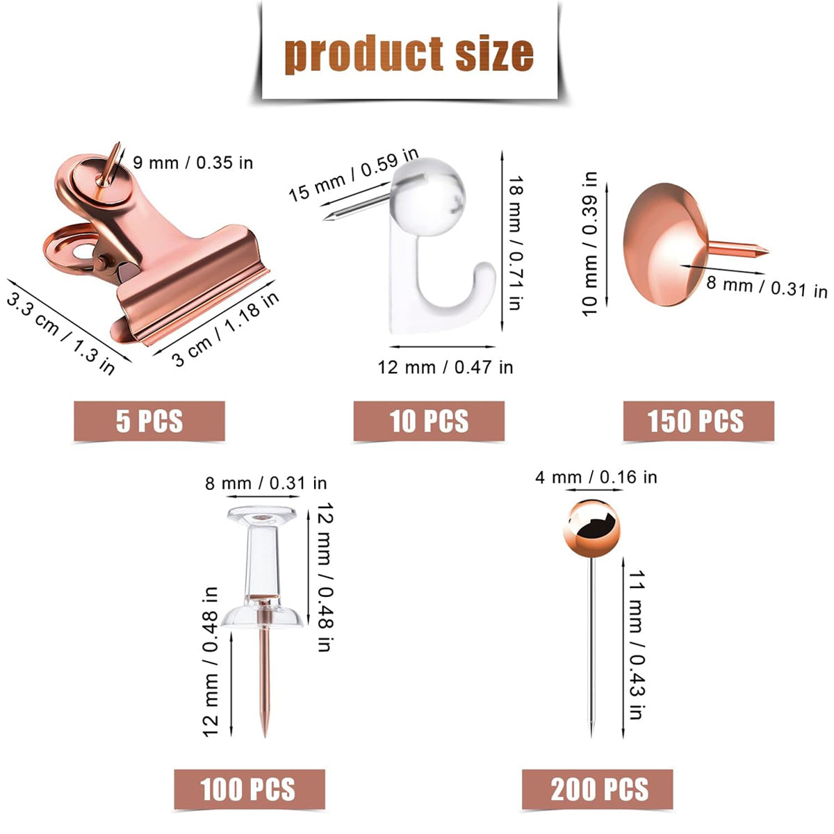 465 Pcs Rose Gold Office Clip and Pin Set with Storage Box