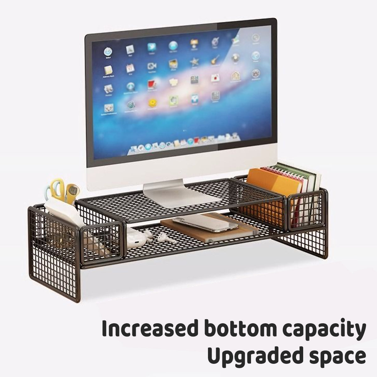 Monitor and Laptop Riser with Ventilated Black Metal Shelf