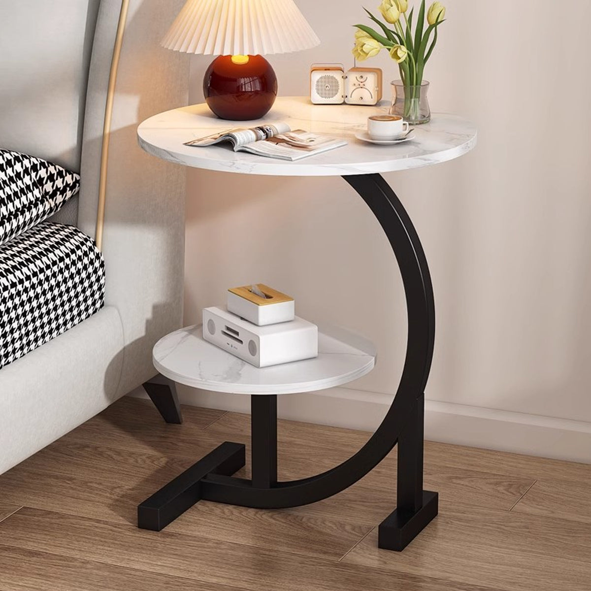 Mobile Round Side Table with Two Tier Storage
