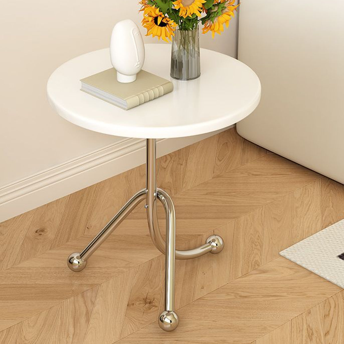 Round Side Table Stainless Steel Frame with Rubber Wood Top