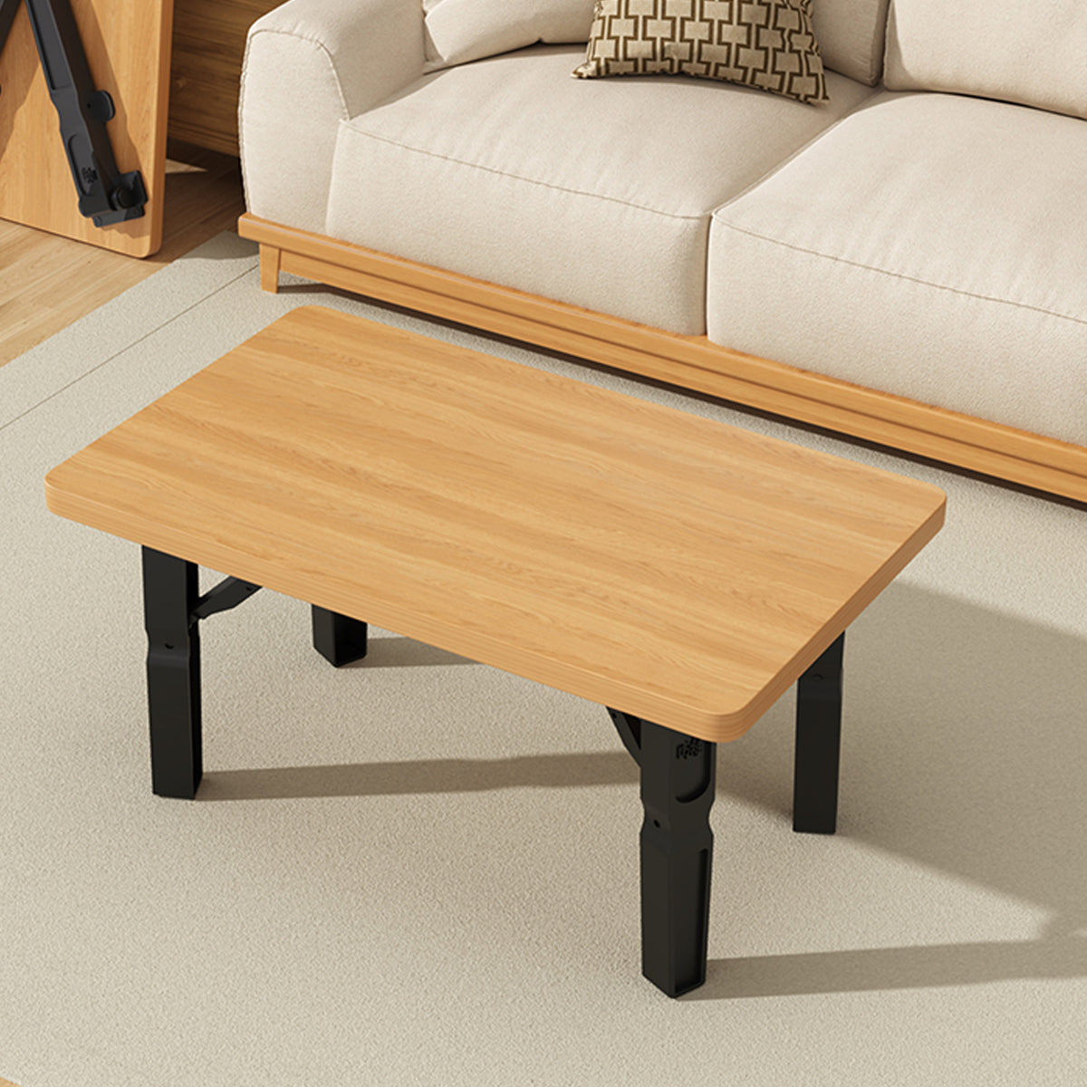 Foldable Small Square Table with Light Wood Top and Metal Legs