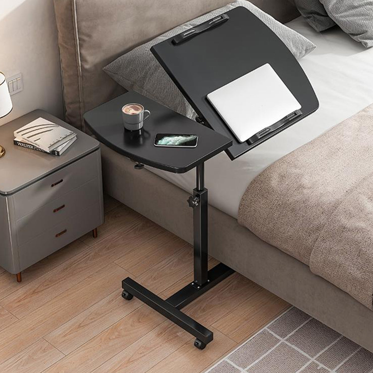 Mobile Height Adjustable Rotatable Bedside Table with Wheels