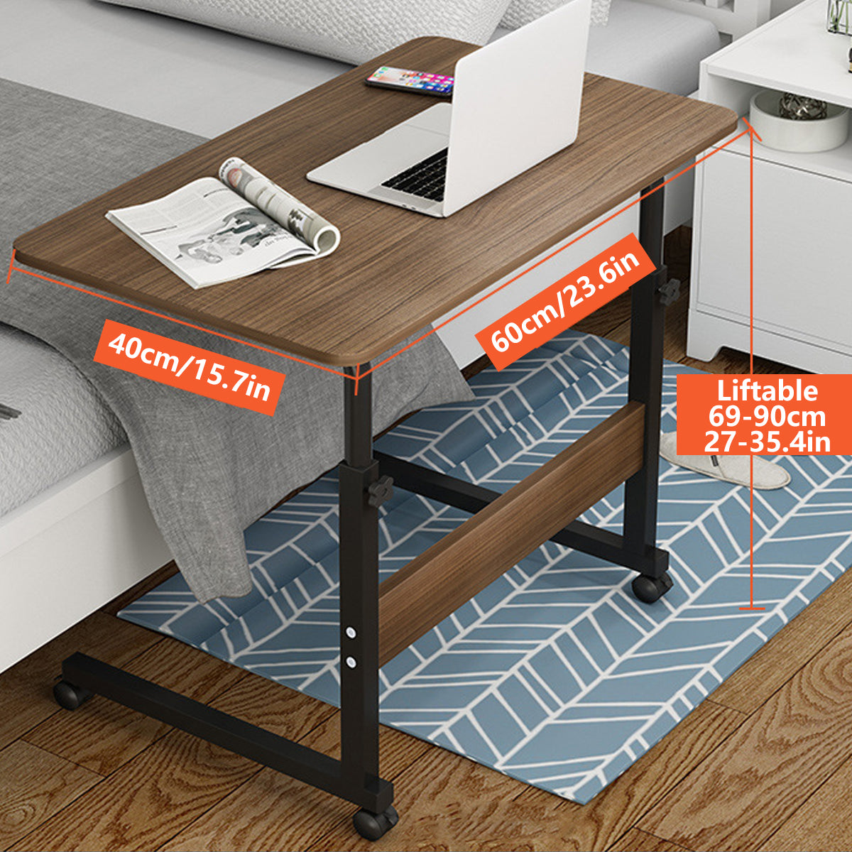 Mobile Bedside Table with Adjustable Height and Wooden-Tone Desktop