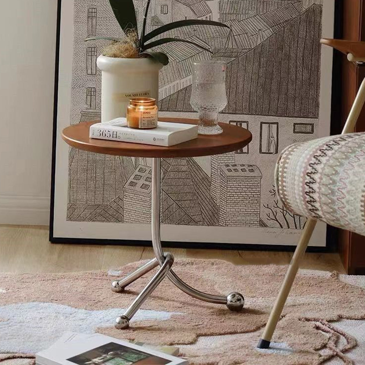 Vintage Round Side Table with Wooden Top for Living Room