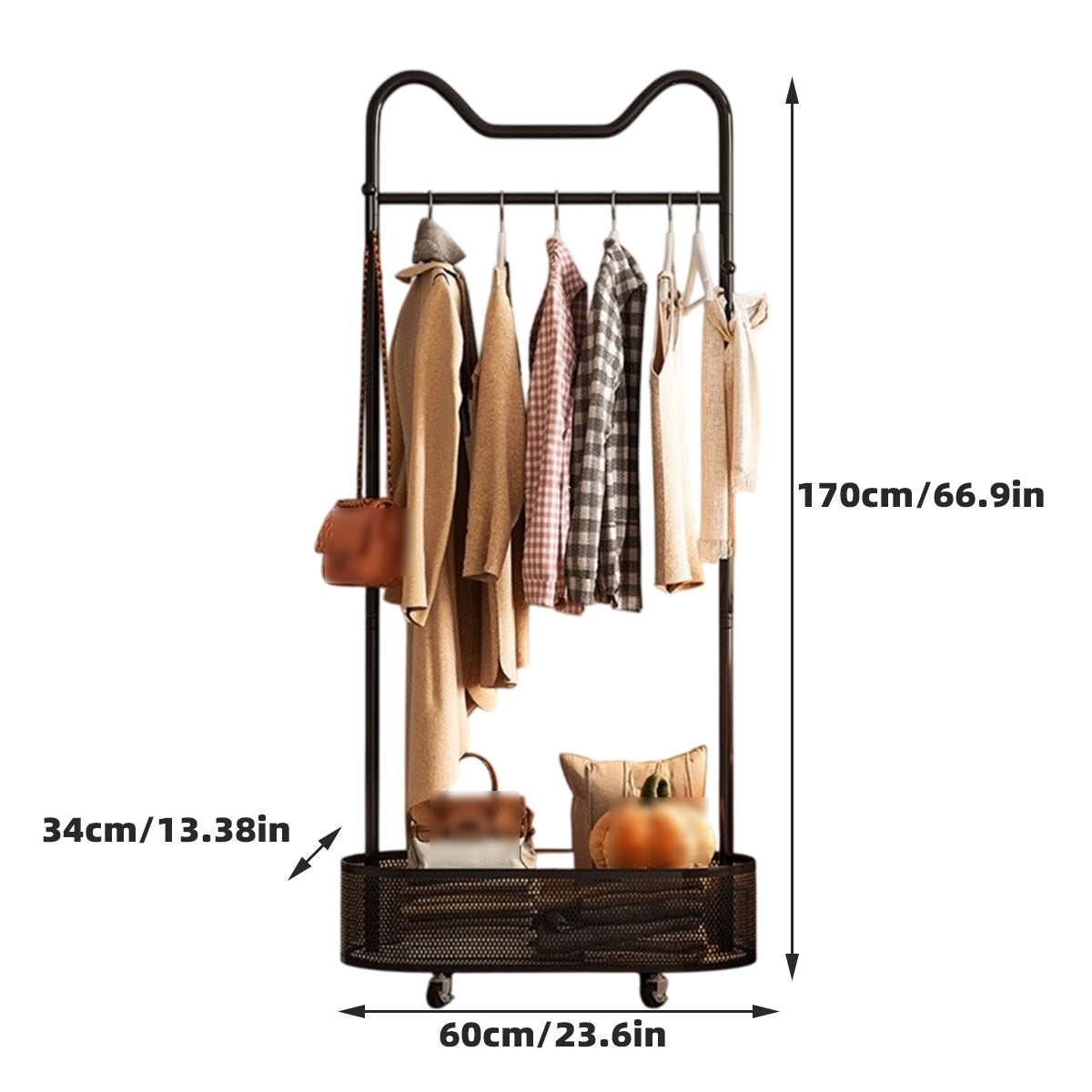 Moveable Clothes Rack with Wheels Basket and Hooks