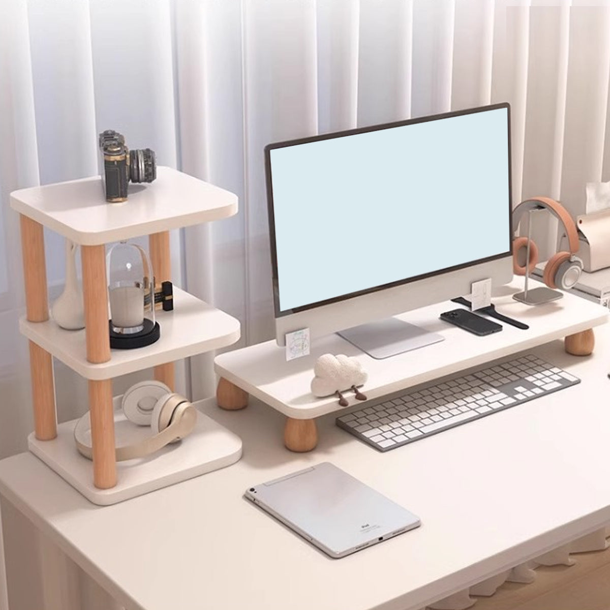 2 Pcs Monitor Riser and Desktop Storage Shelf MDF Beech Wood