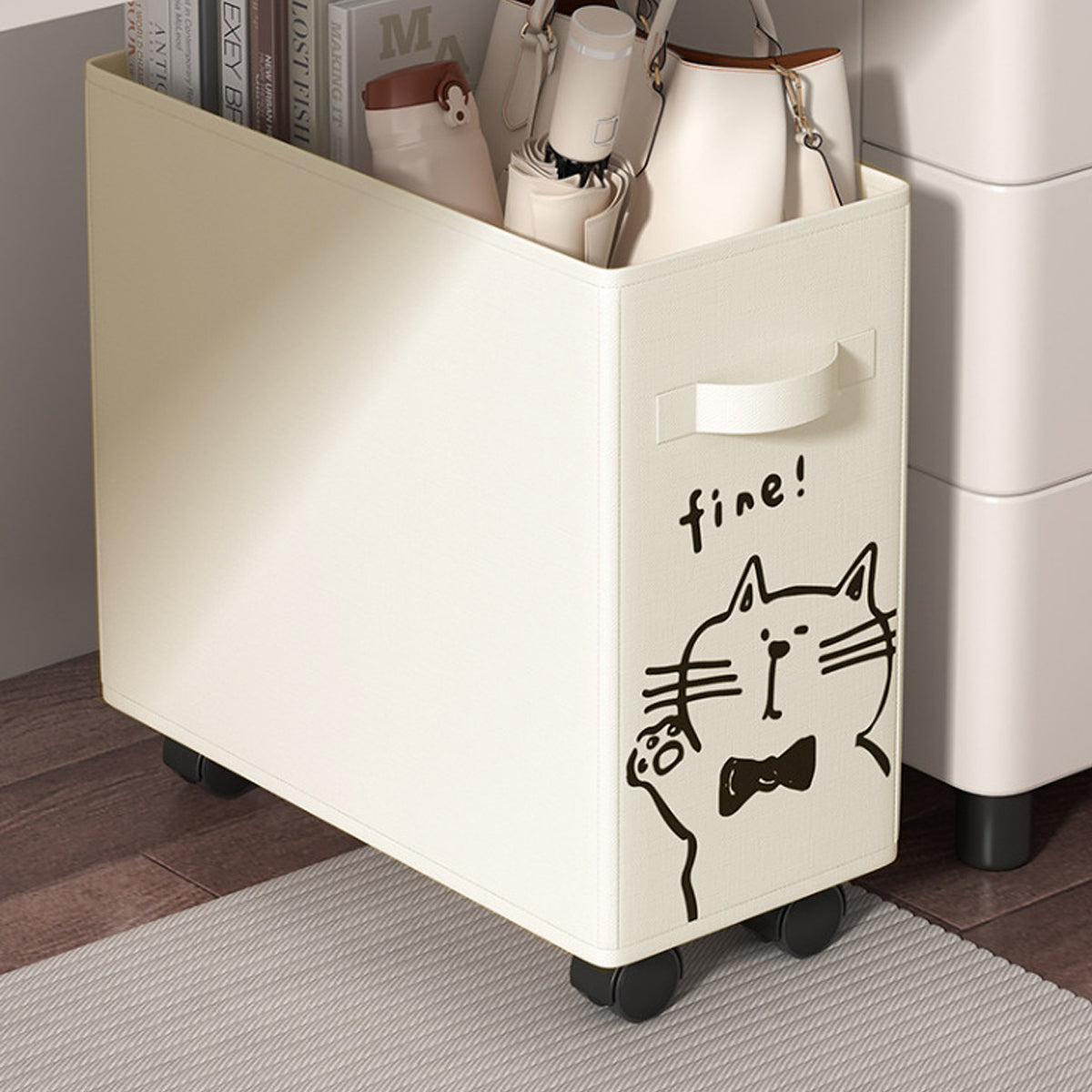 Under Desk Storage Basket Trolley with Lockable Wheels Beige