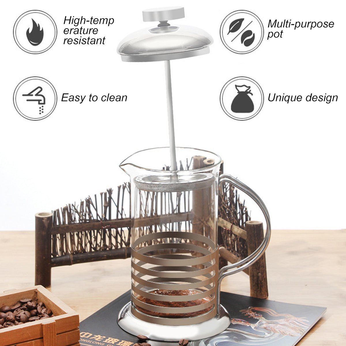 French Press Coffee Maker 350ml Borosilicate Glass