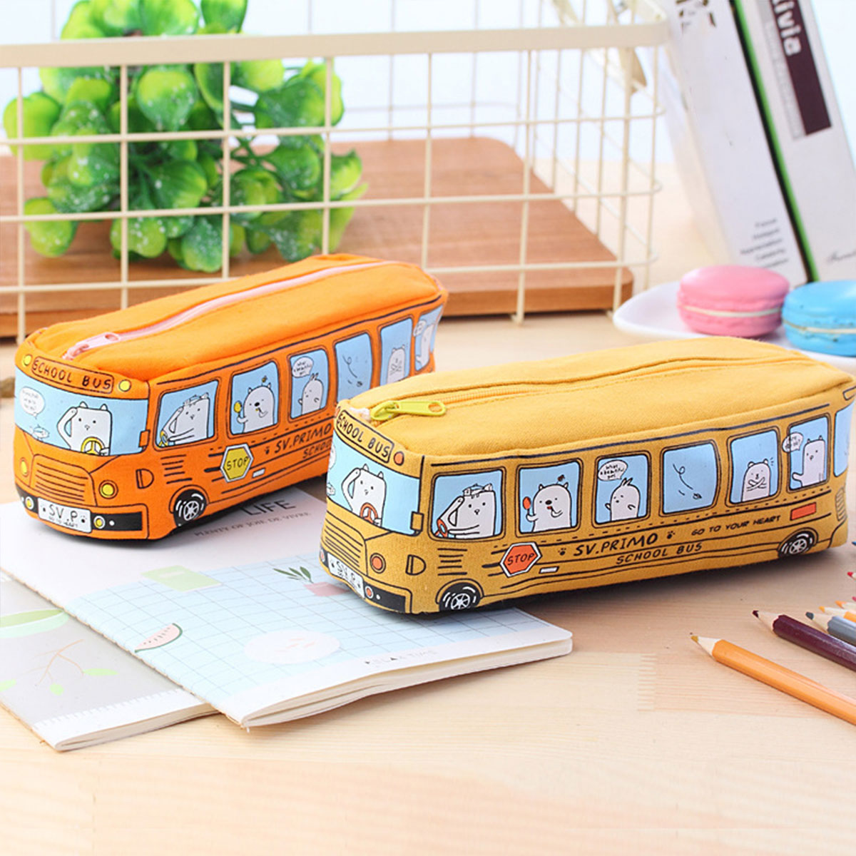 4 Pcs Cartoon Bus Pencil Case Large Capacity Washable Canvas