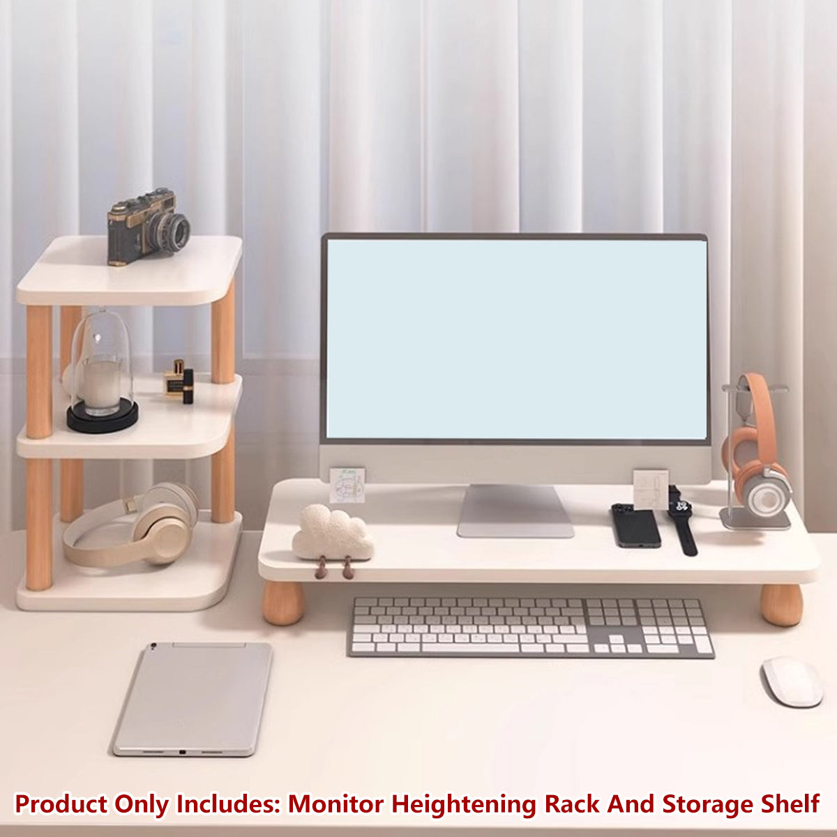 2 Pcs Monitor Riser and Desktop Storage Shelf MDF Beech Wood