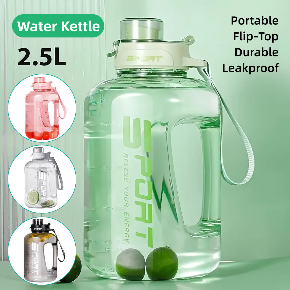 2.5L Sports Water Bottle with Straw for Gym Hydration