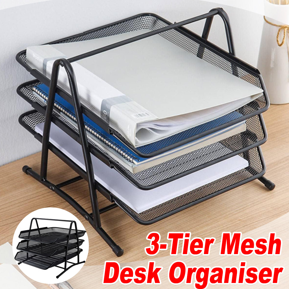 Metal 3-Tier File Rack Non-Slip Black Document Organizer