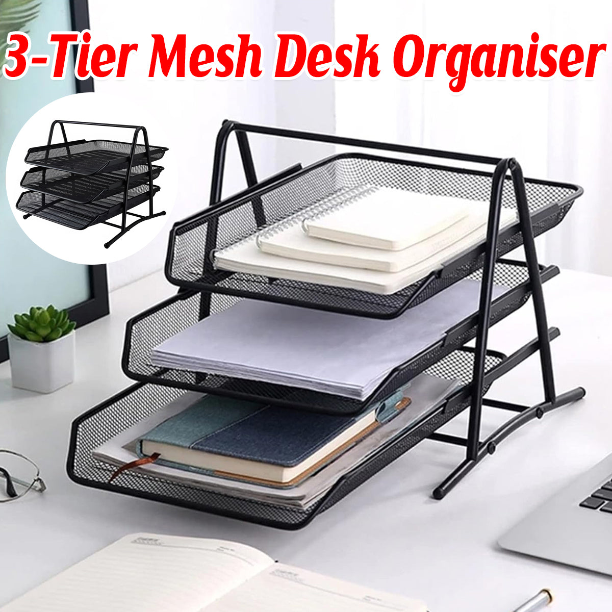 Metal 3-Tier File Rack Non-Slip Black Document Organizer