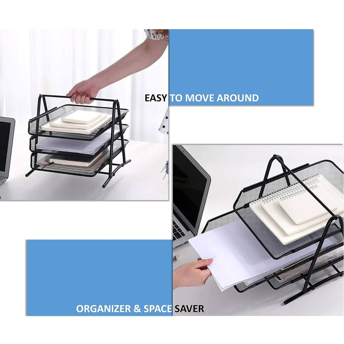 Metal 3-Tier File Rack Non-Slip Black Document Organizer