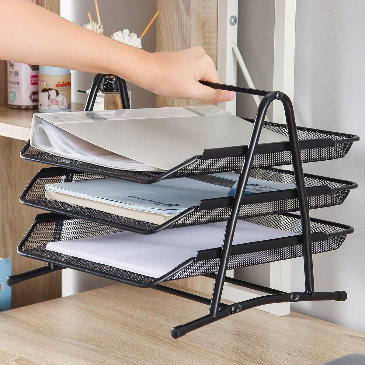 Metal 3-Tier File Rack Non-Slip Black Document Organizer