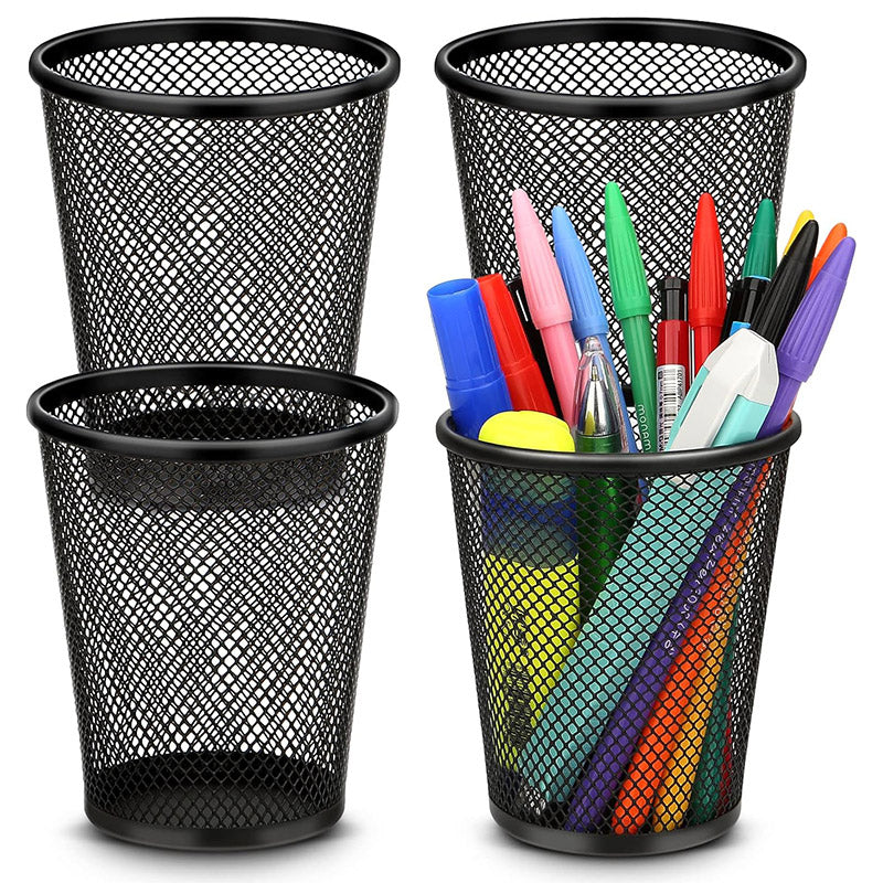 4 Pcs Round Pen Holders Metal Mesh Black Desktop Organiser