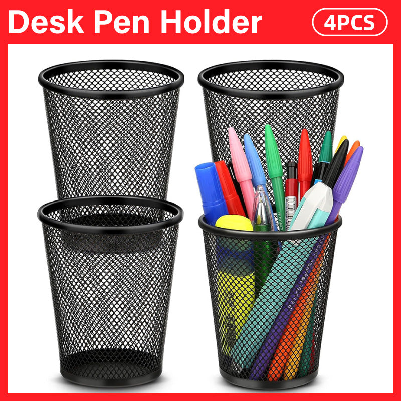 4 Pcs Round Pen Holders Metal Mesh Black Desktop Organiser