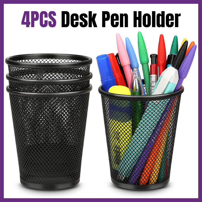4 Pcs Round Pen Holders Metal Mesh Black Desktop Organiser