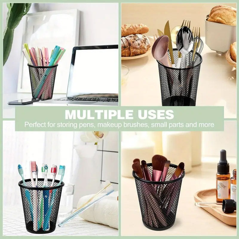 4 Pcs Round Pen Holders Metal Mesh Black Desktop Organiser