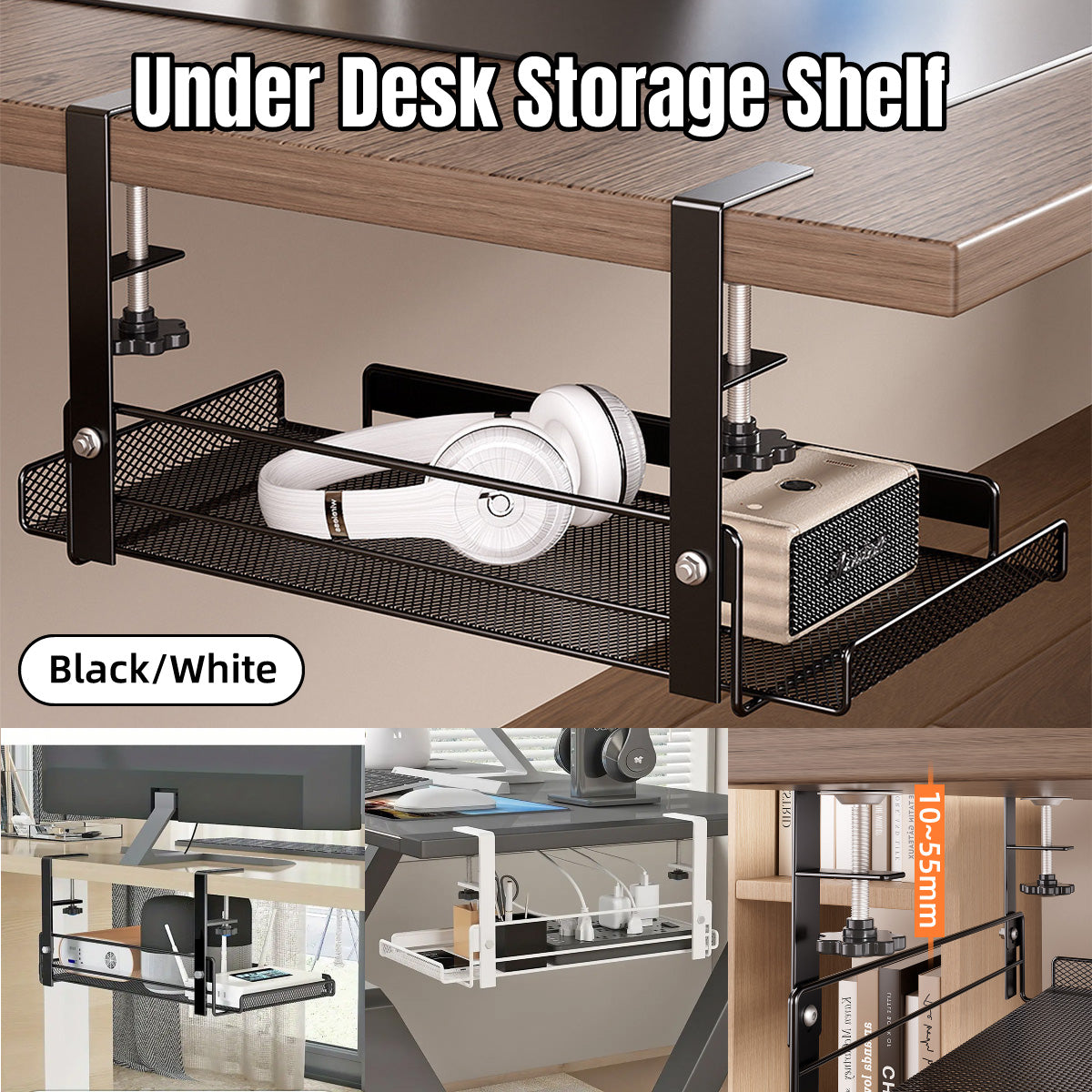 Under Desk Storage Shelf with Clamp Mount