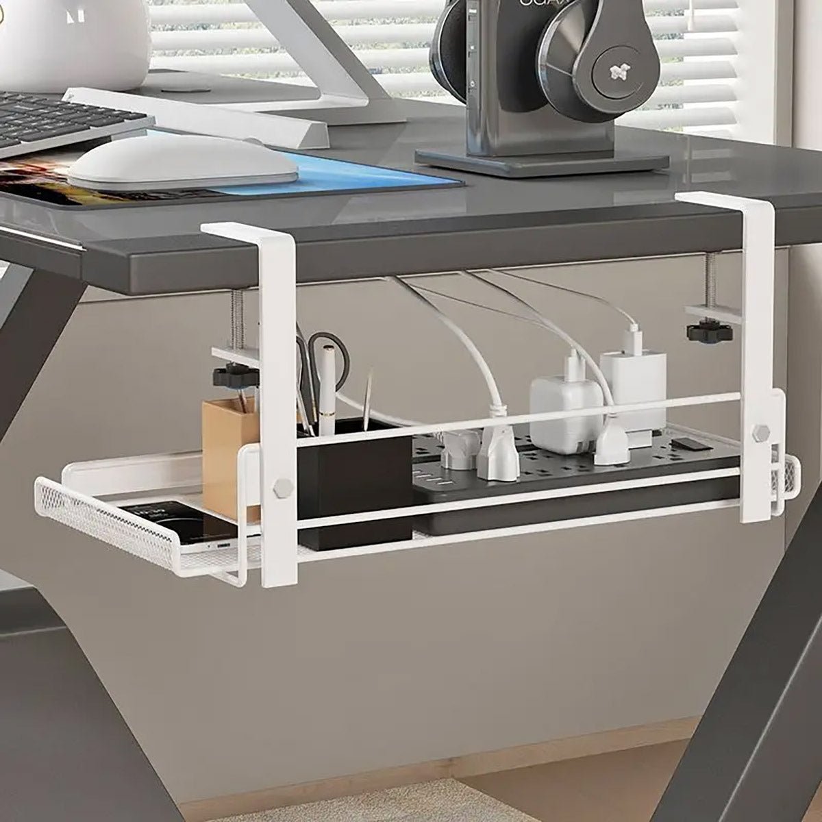 Under Desk Storage Shelf with Clamp Mount
