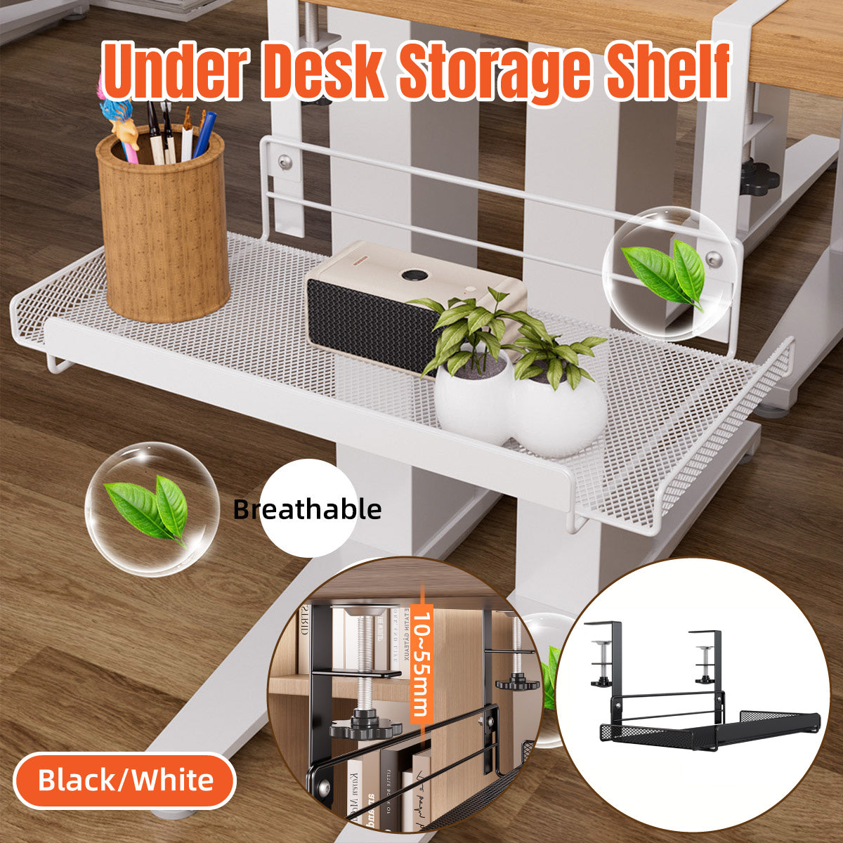 Under Desk Storage Shelf with Clamp Mount