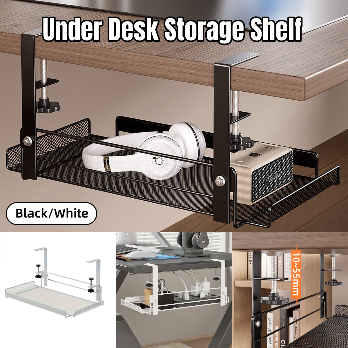 Under Desk Storage Shelf with Clamp Mount