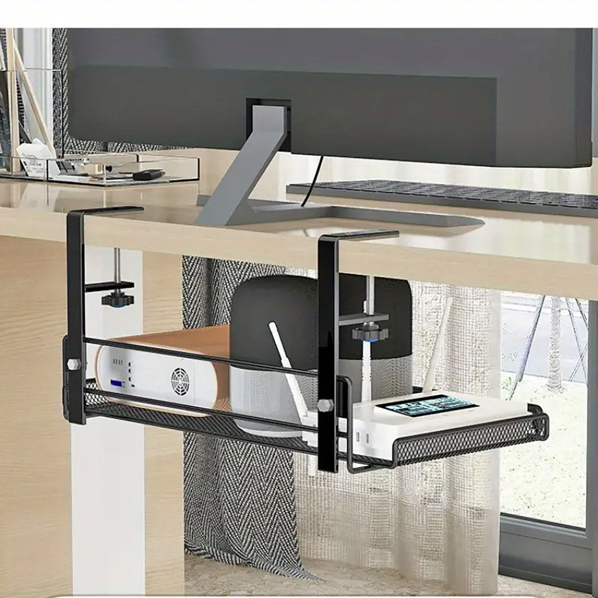 Under Desk Storage Shelf with Clamp Mount