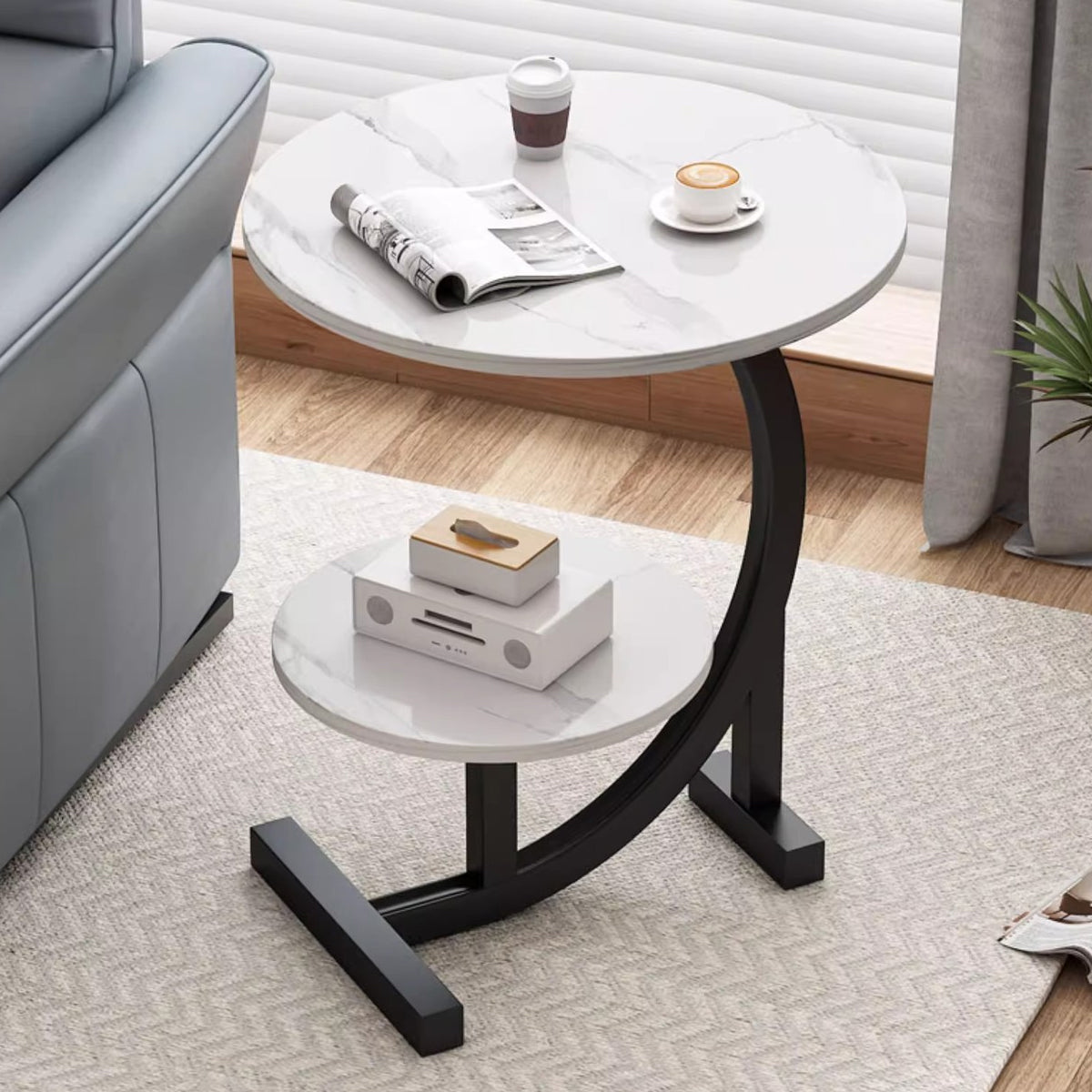 Mobile Round Side Table with Two Tier Storage
