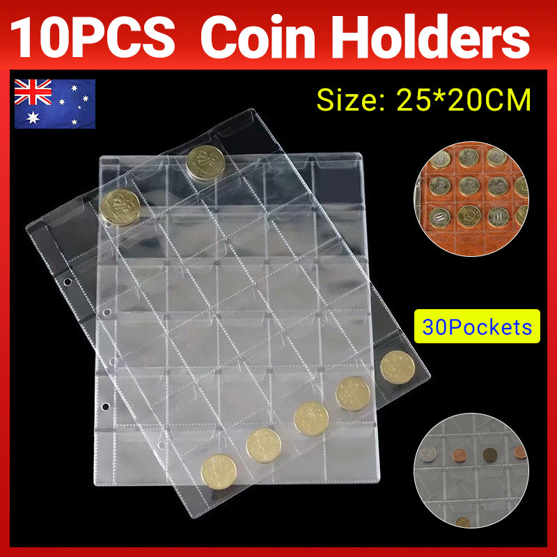 10 Pcs Coin Holder Pages 30 Pockets Clear Plastic Storage Sheets
