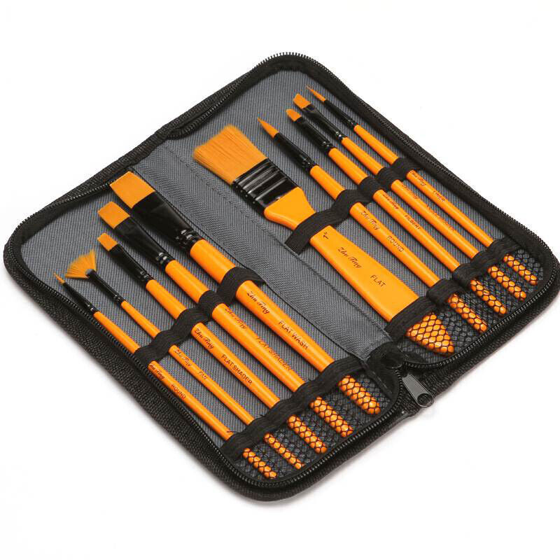 10 Pcs Acrylic Paint Brush Set Taklon Bristles Wooden Handle