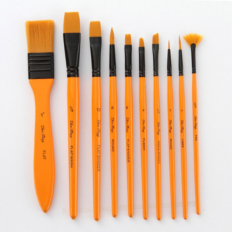 10 Pcs Acrylic Paint Brush Set Taklon Bristles Wooden Handle