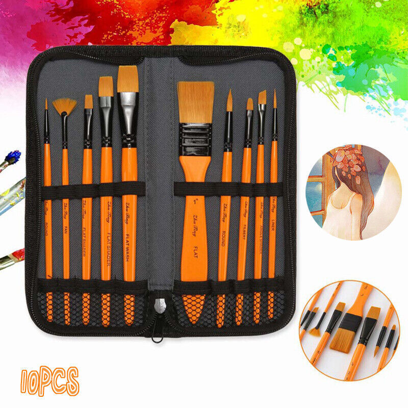 10 Pcs Acrylic Paint Brush Set Taklon Bristles Wooden Handle