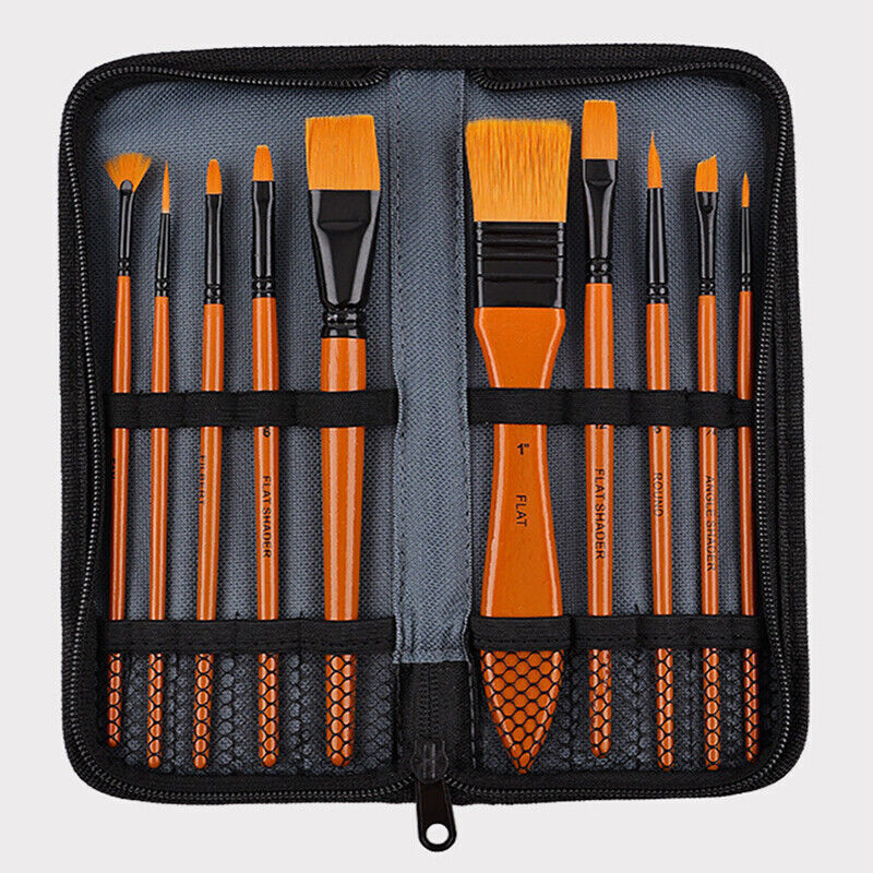 10 Pcs Acrylic Paint Brush Set Taklon Bristles Wooden Handle