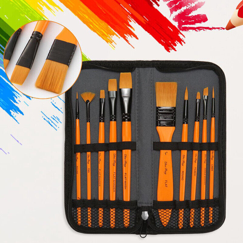 10 Pcs Acrylic Paint Brush Set Taklon Bristles Wooden Handle