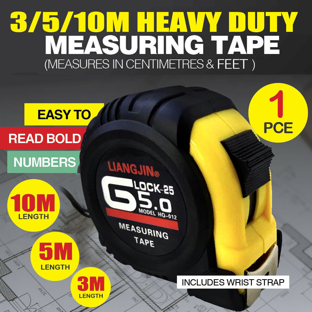 3/5/10m Measuring Tape Steel Ruler with Lock Rubber Grip Metric and Inch