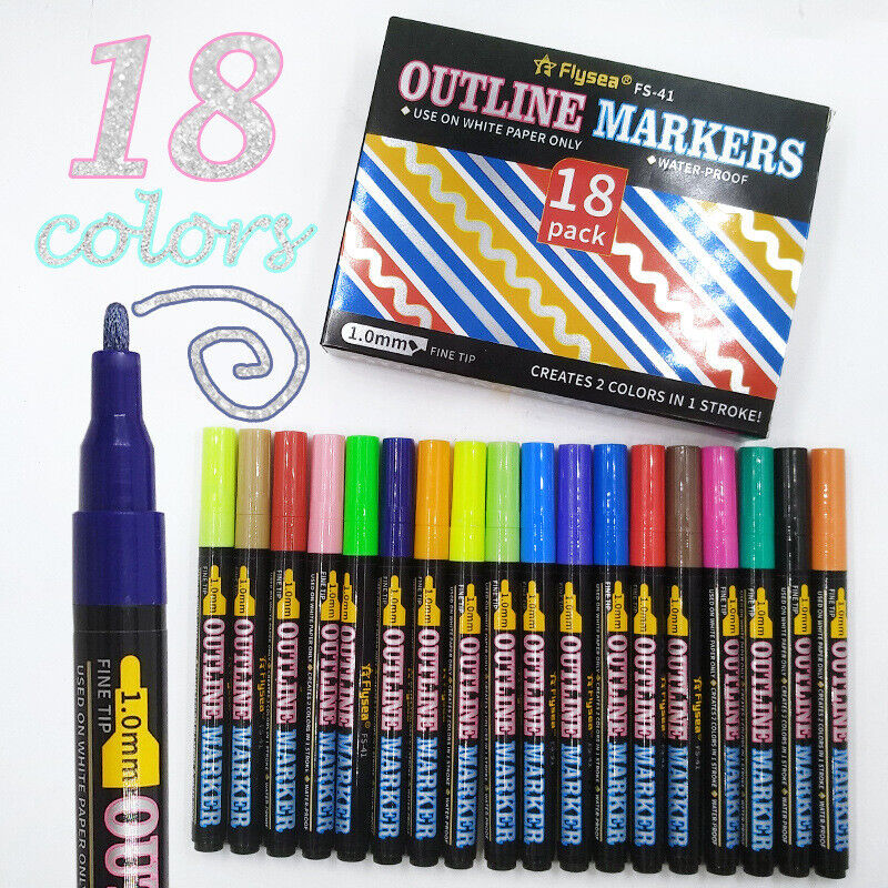 12/18 Pcs Flysea Double Line Outline Pens Assorted Colours