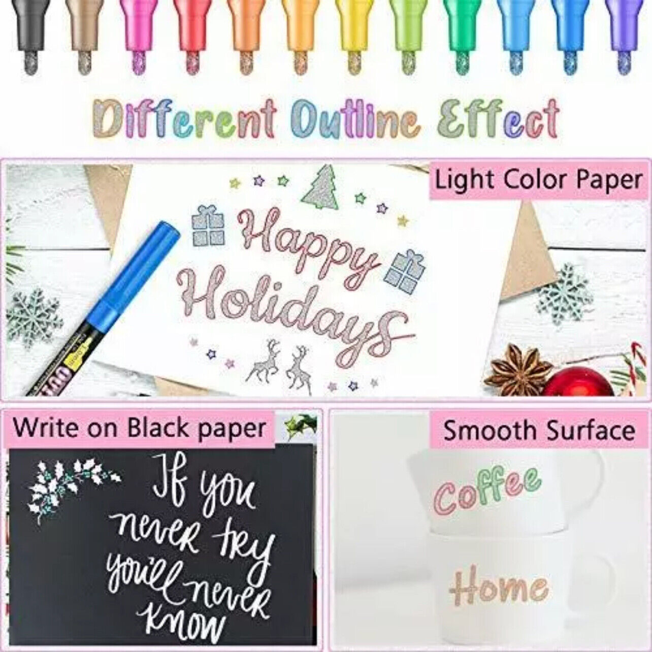 12/18 Pcs Flysea Double Line Outline Pens Assorted Colours