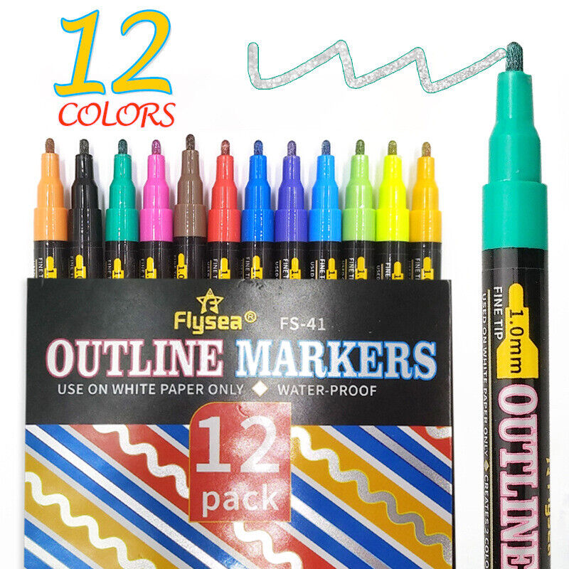 12/18 Pcs Flysea Double Line Outline Pens Assorted Colours
