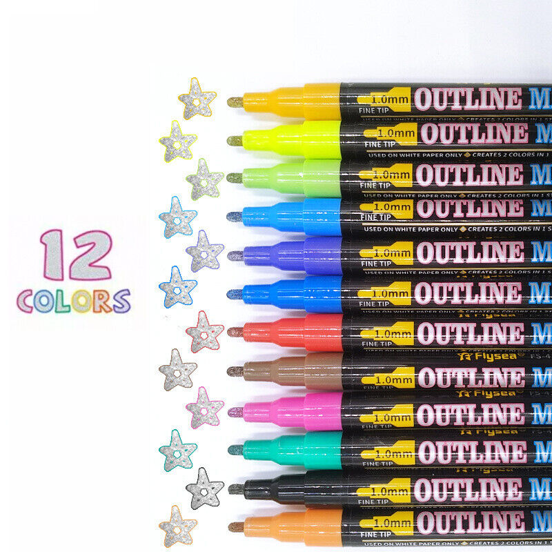 12/18 Pcs Flysea Double Line Outline Pens Assorted Colours