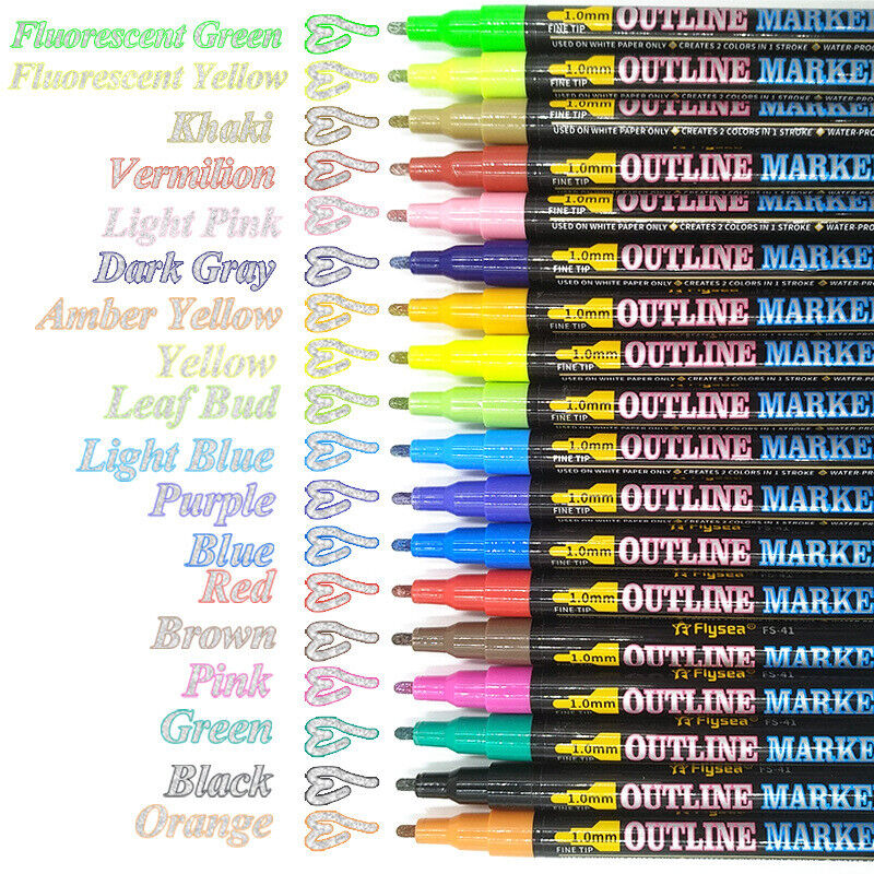 12/18 Pcs Flysea Double Line Outline Pens Assorted Colours